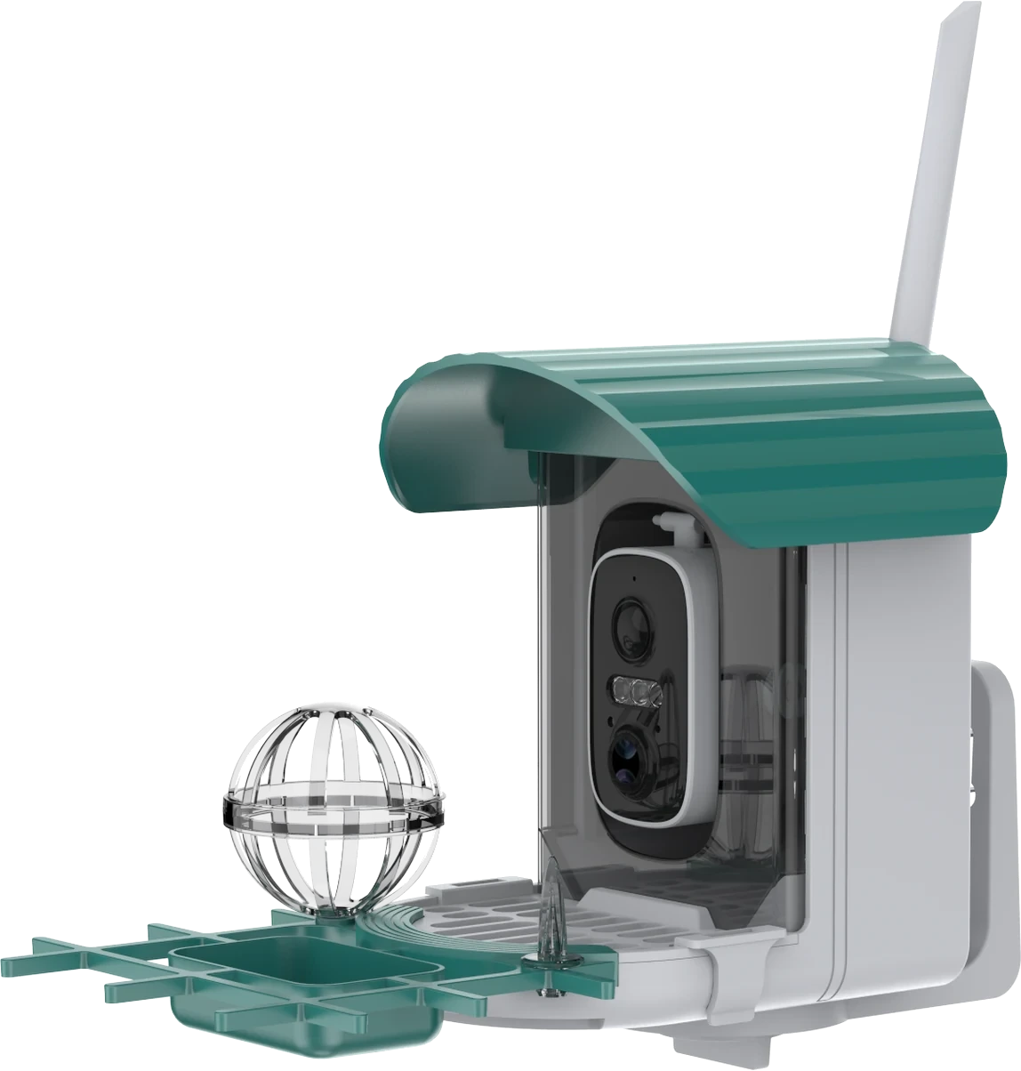 A20S-A3 solar bird feeder camera with forest-green roof and solar panel
