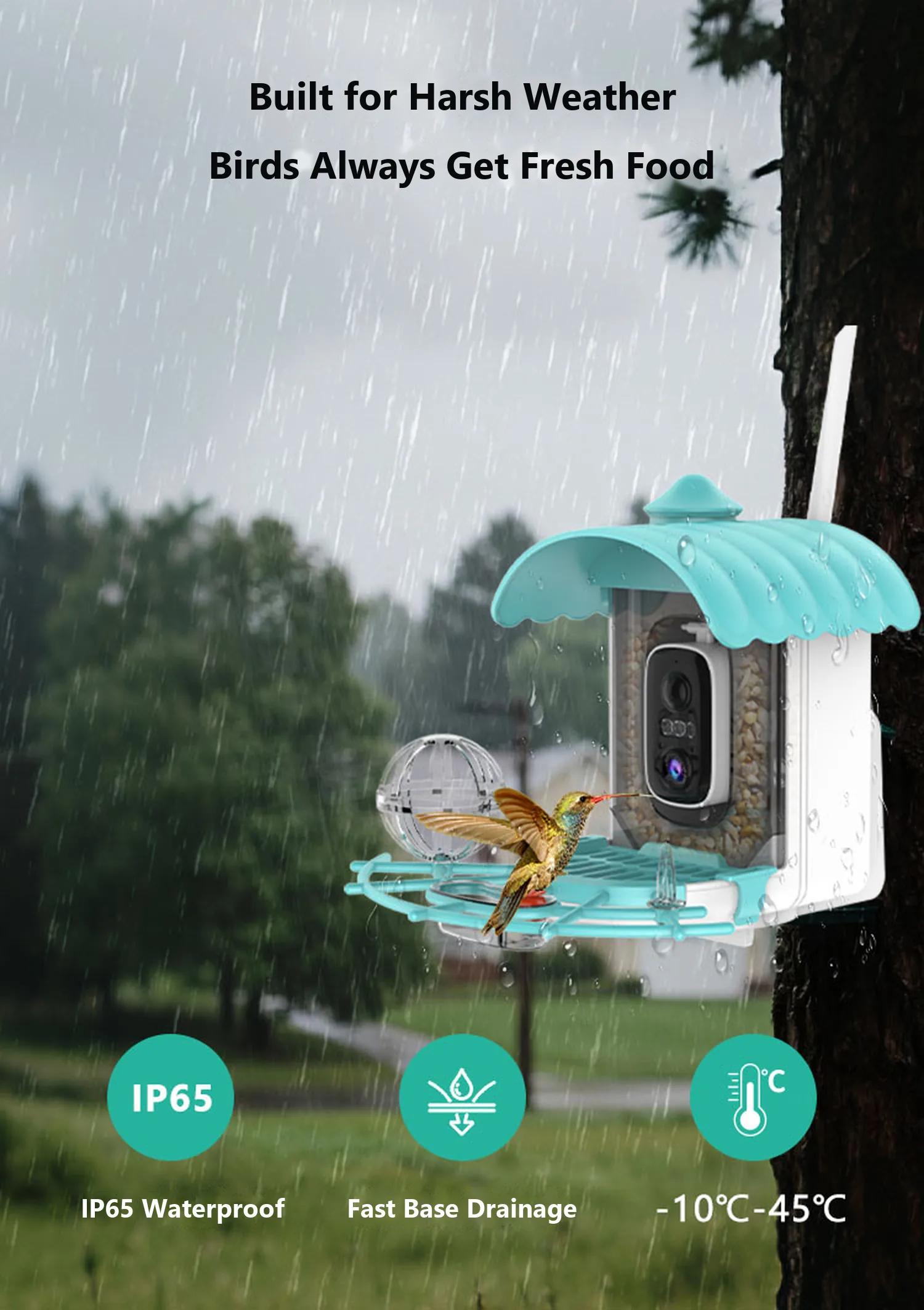 IP65 housing built for rain, snow and −10 °C to 45 °C