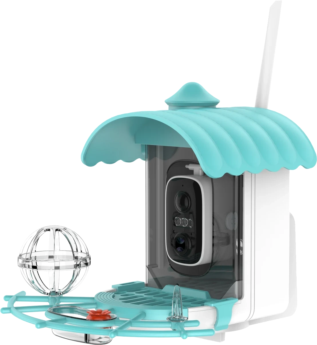 A20S-B1 smart bird feeder camera with teal roof and white body