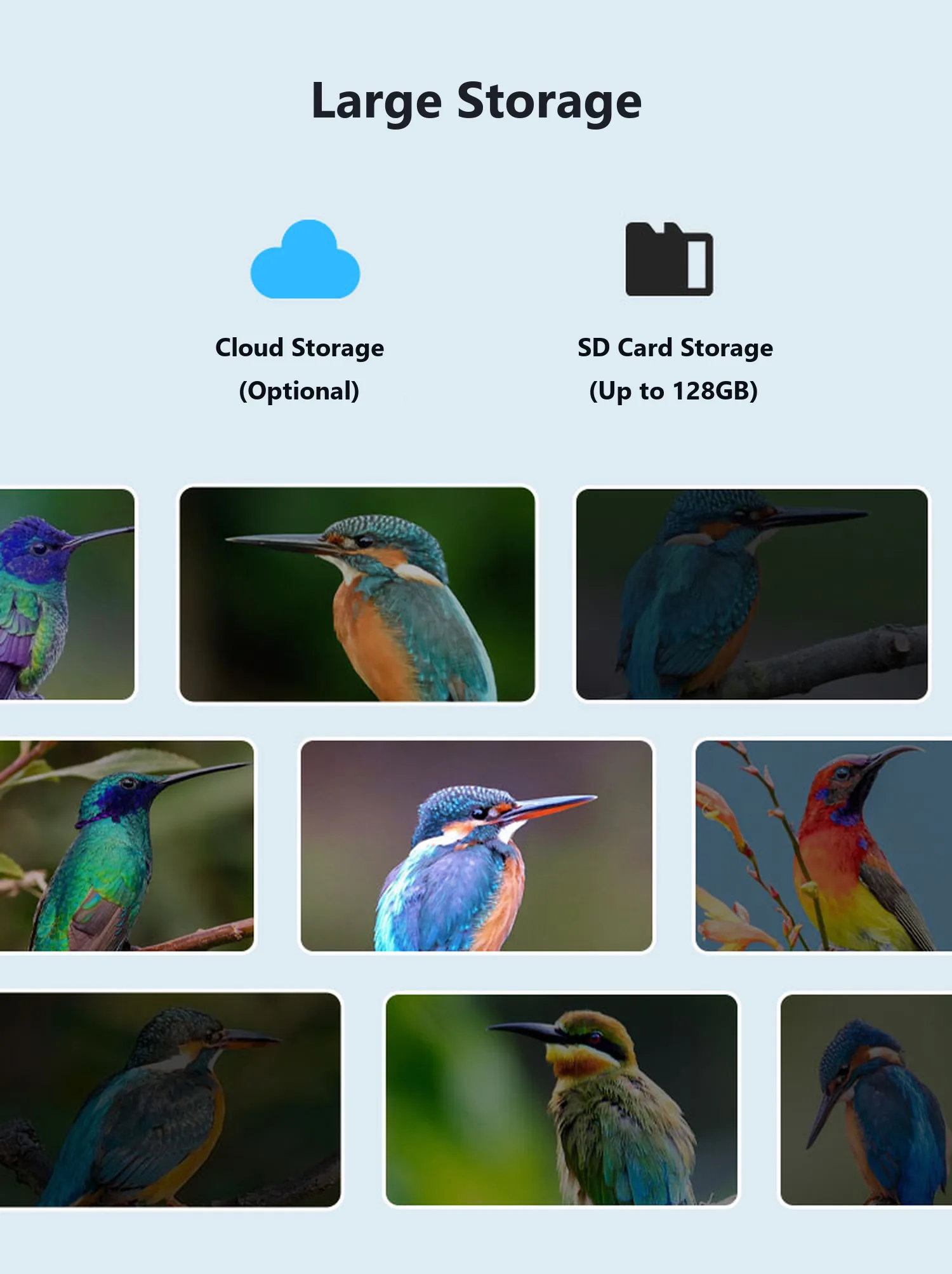 Cloud storage and micro SD card up to 128 GB