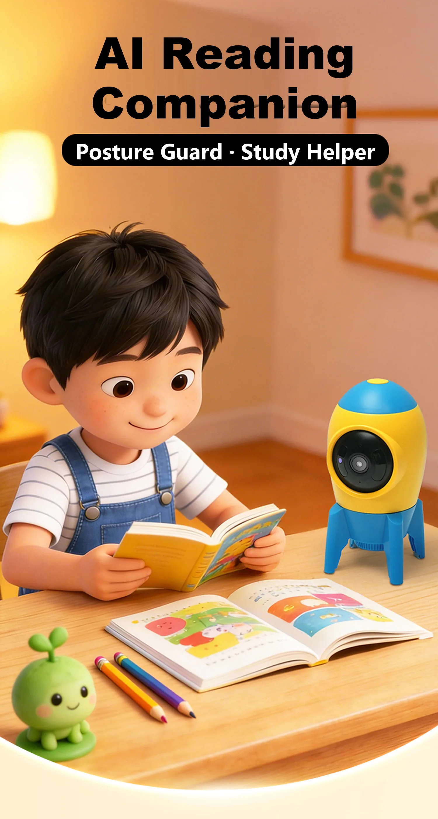 AB1-1 AI reading companion on a child's desk, posture guard and study helper