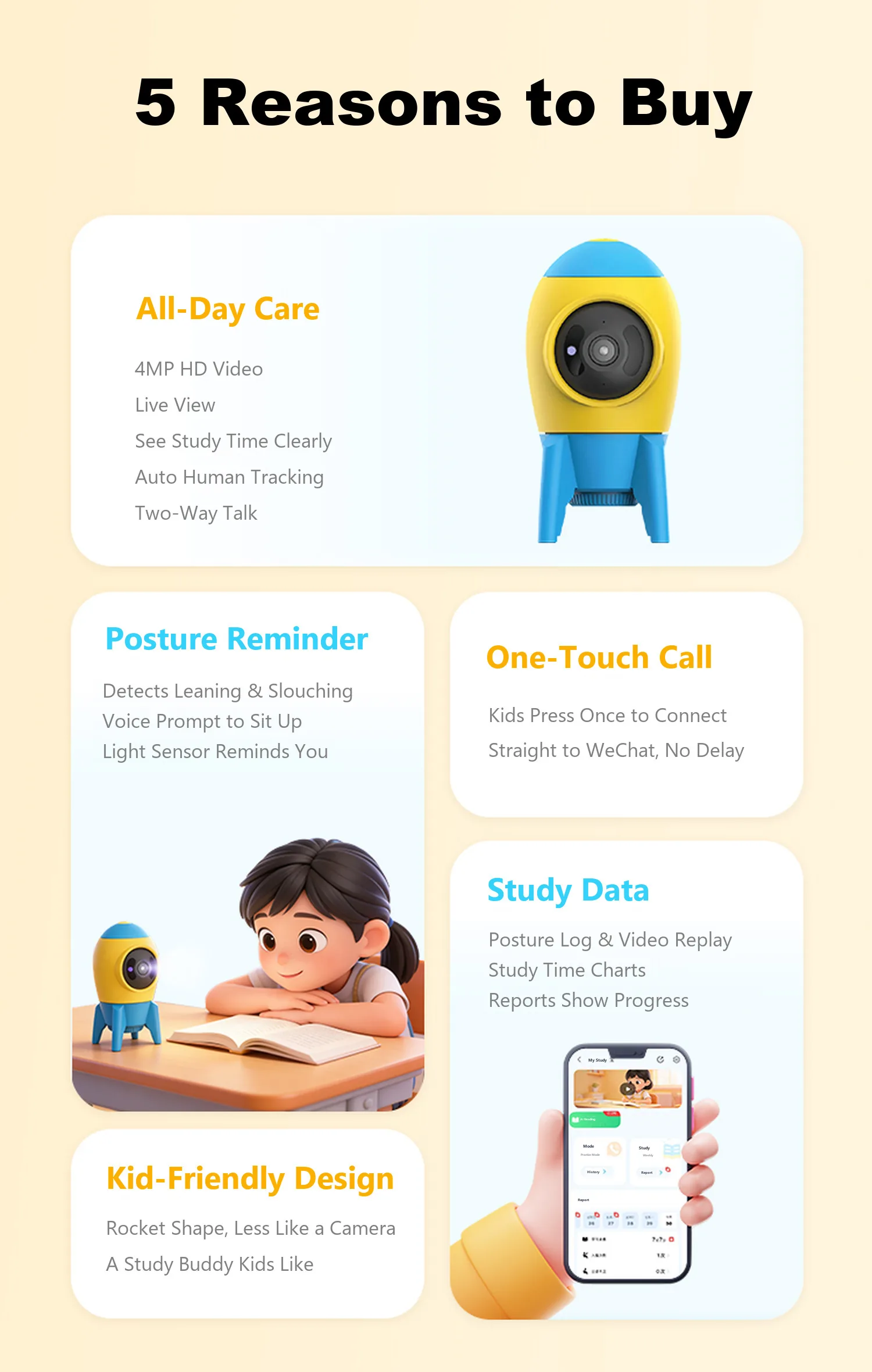 AB1-1 five reasons to buy: all-day care, posture reminder, one-touch call, study data, kid-friendly design