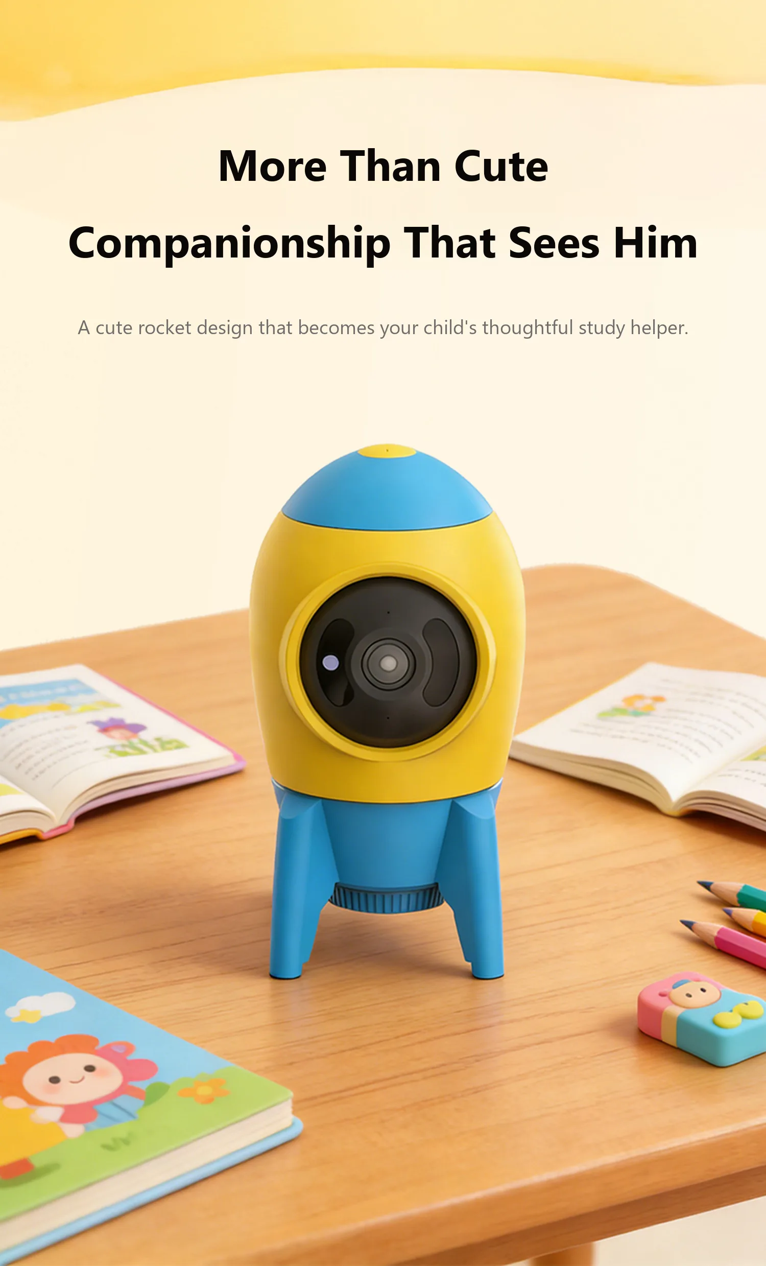 AB1-1 rocket-shaped study companion on a wooden desk with books