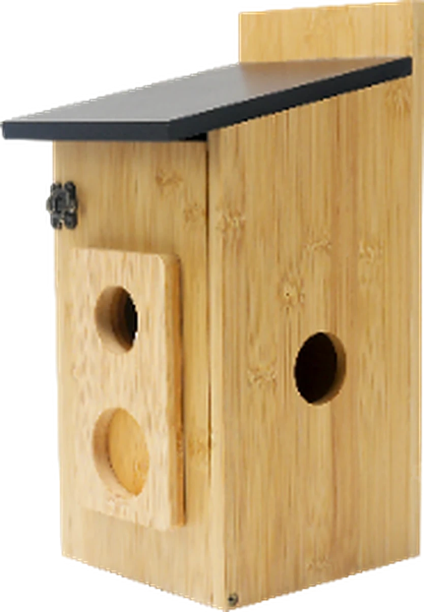 bamboo birdhouse camera, studio white background, front view