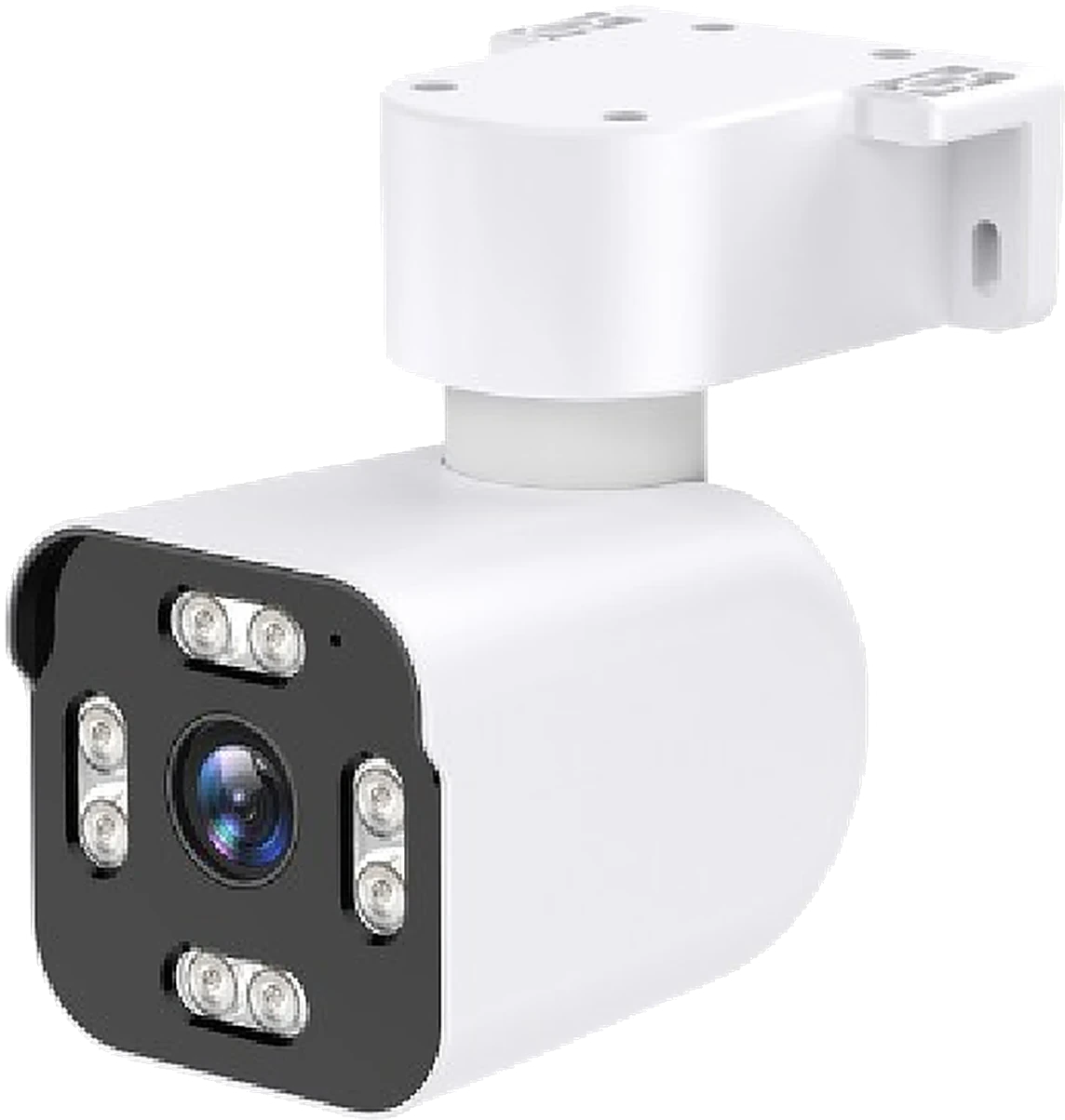dual-lens bullet and PTZ camera, studio white background, front view