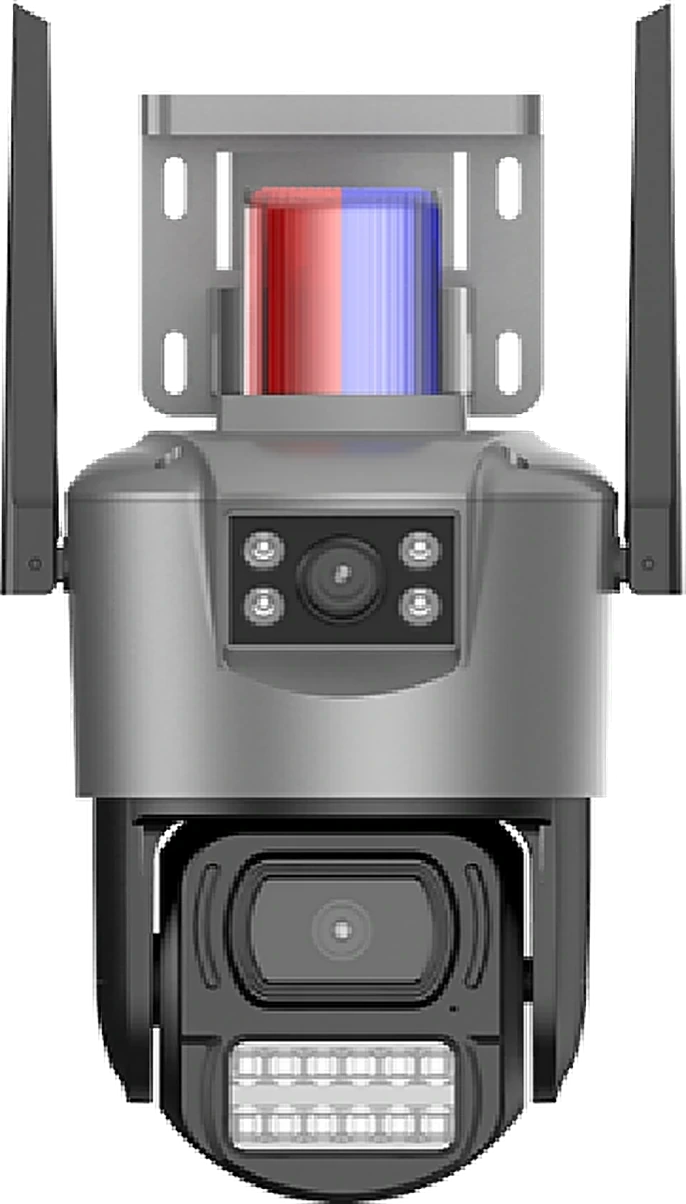 triple-lens bullet and PTZ camera, studio white background, front view