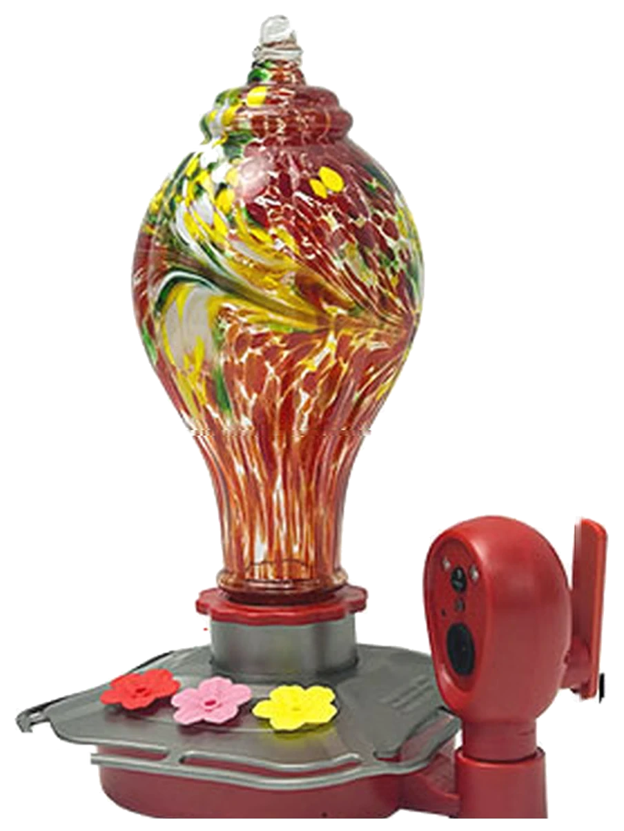 BW2-3 water drop glass hummingbird feeder with a 4 MP camera, red and yellow hand-blown bottle on a silver base with nine flower feeding ports