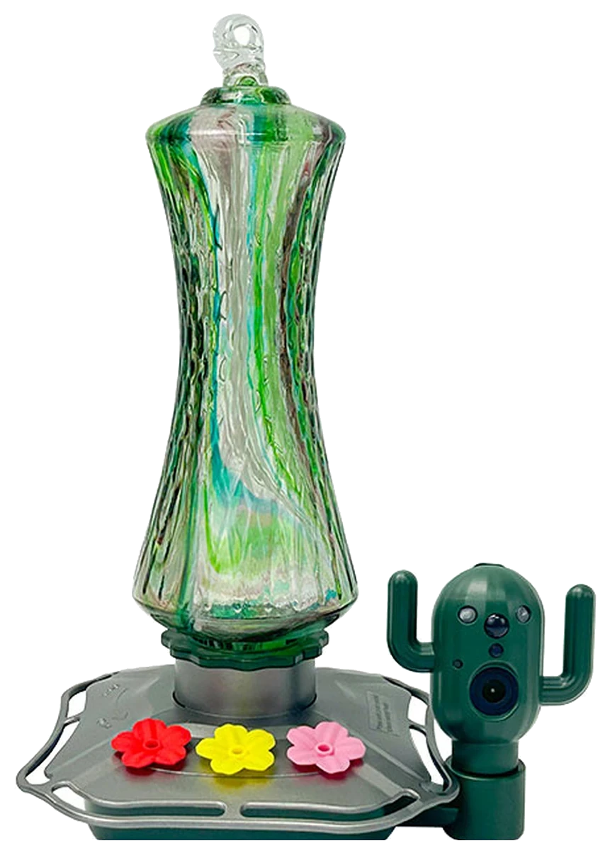 BW2-4 cactus glass hummingbird feeder with a 4 MP camera, green hand-blown waisted bottle on a silver base with red, yellow and pink flower ports