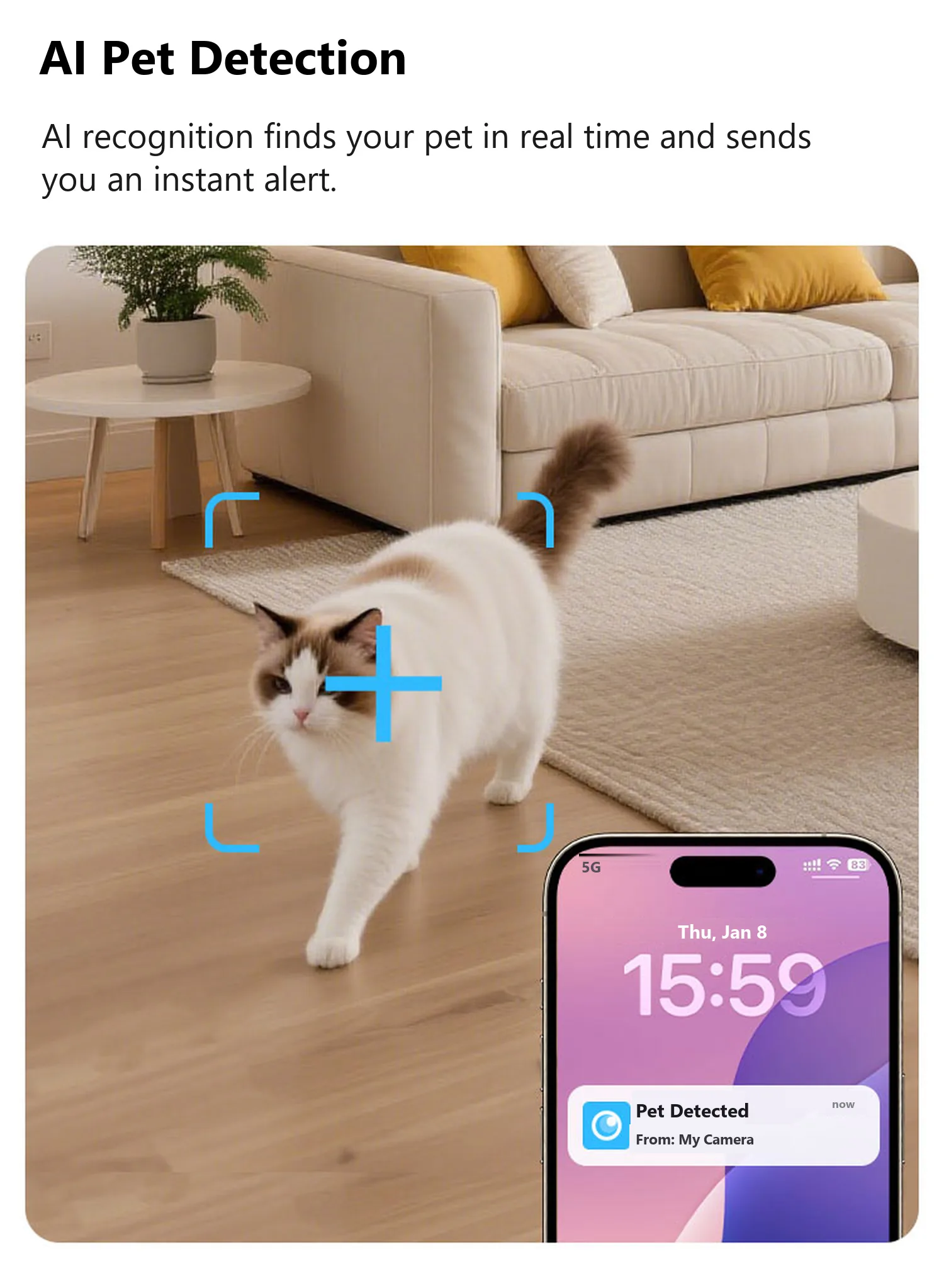 C19 AI pet detection, cat outlined in the frame with a Pet Detected alert on the phone