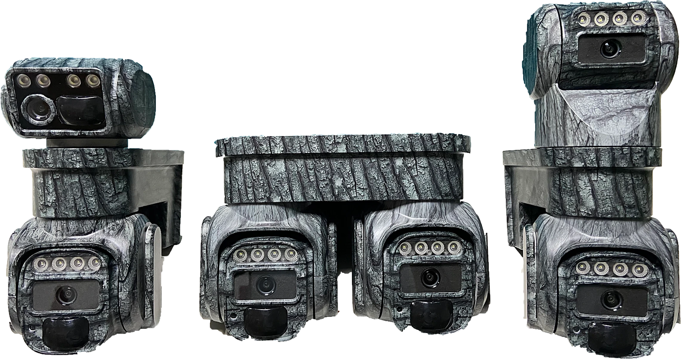 camouflage low-power outdoor camera, studio white background, front view