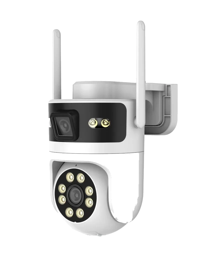 D220 4G solar security camera, white dual-camera pan and tilt unit with wall bracket and two antennas