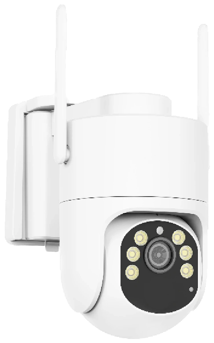 D300 4G solar PTZ camera, white outdoor pan and tilt security camera with wall bracket, two antennas and a 5 W solar panel