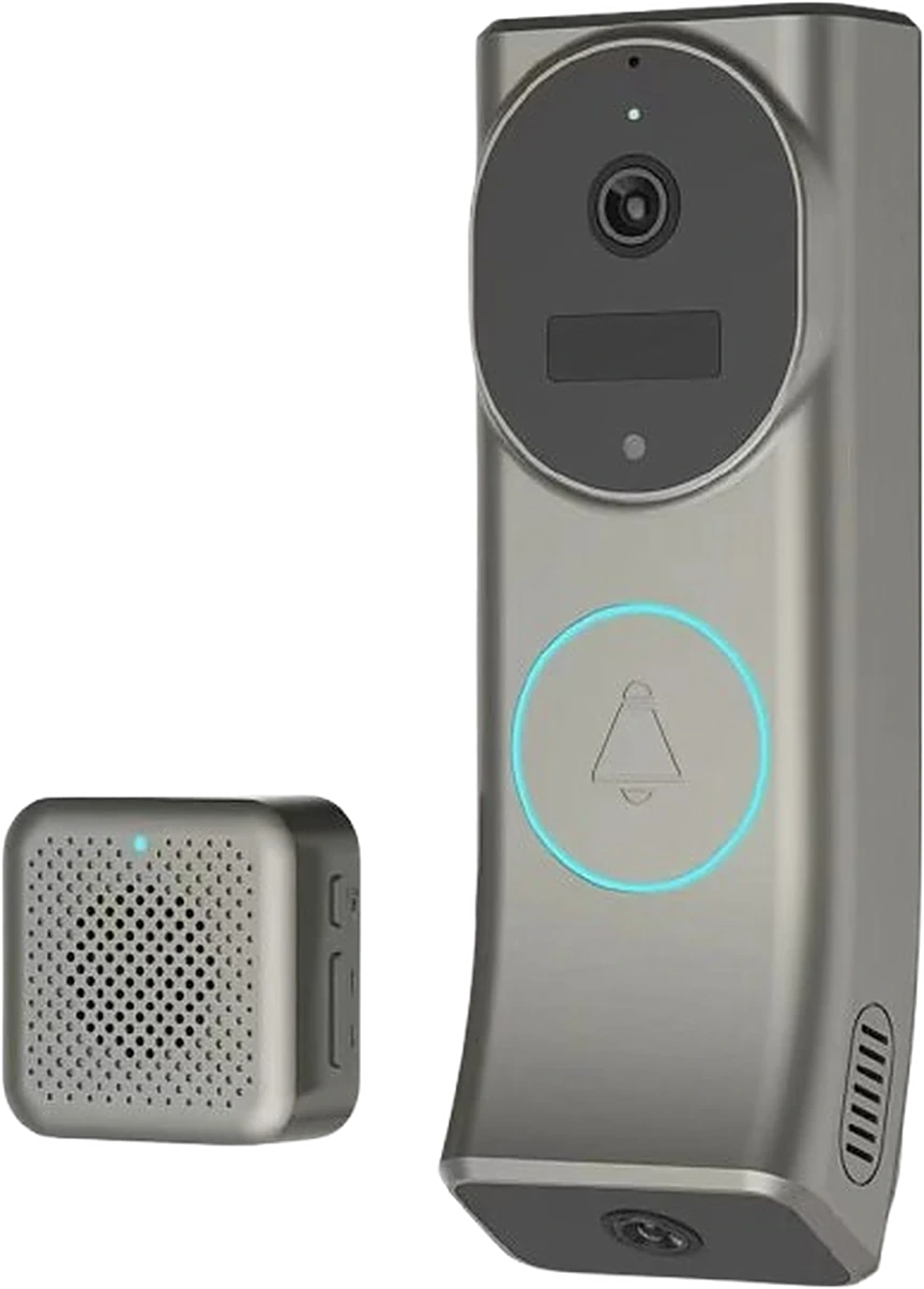 video doorbell with indoor chime, studio white background, front view