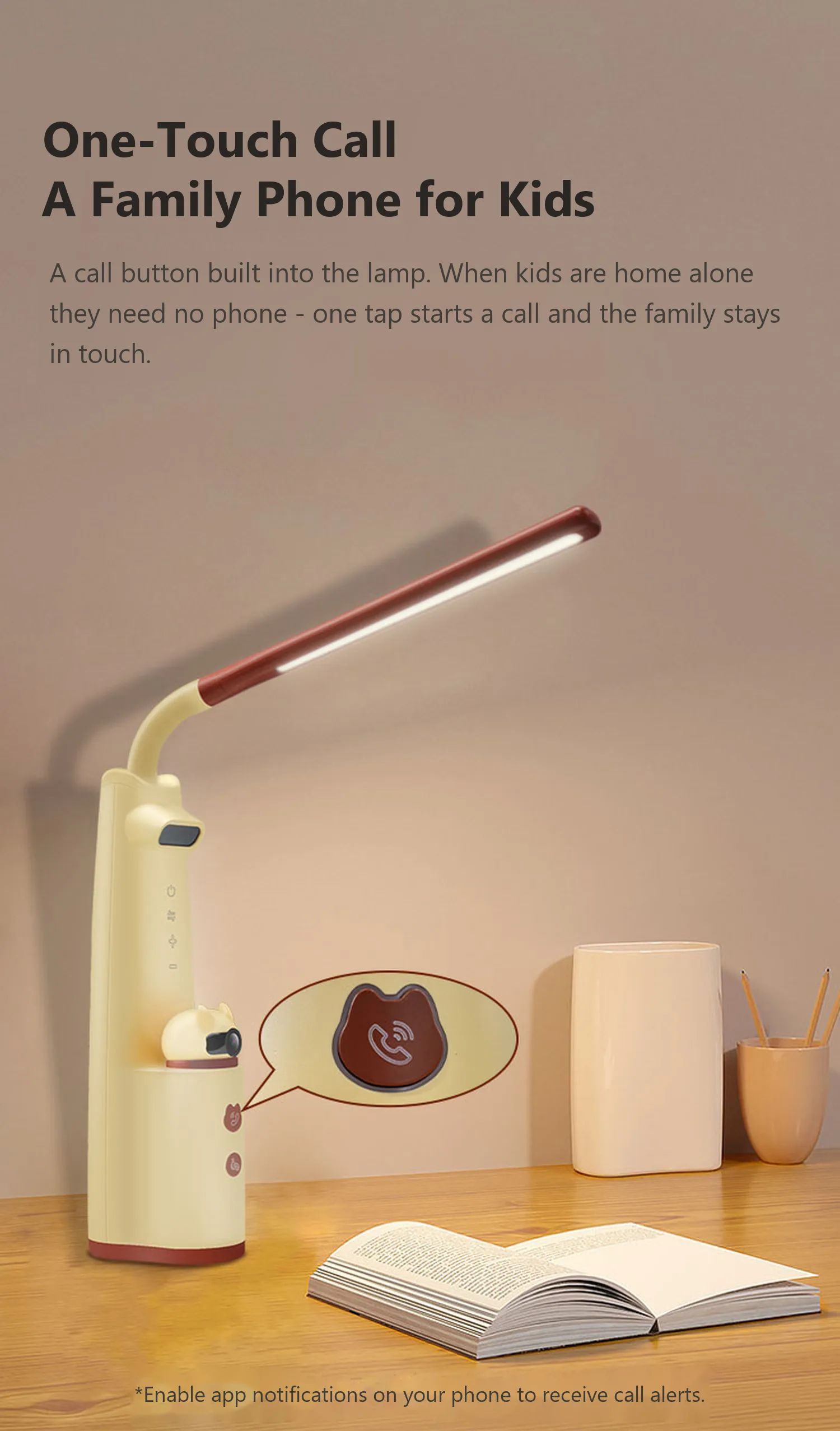 L1 one-touch call, a family phone for kids, call button on the lamp base