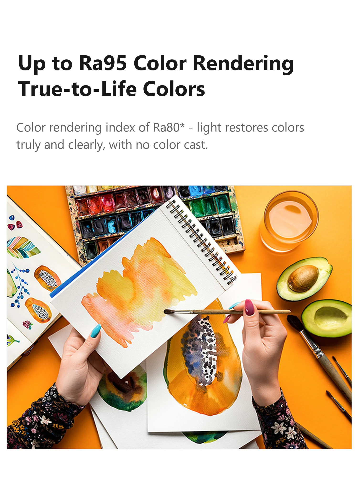 L1 up to Ra95 colour rendering, true-to-life colours shown with watercolour paints