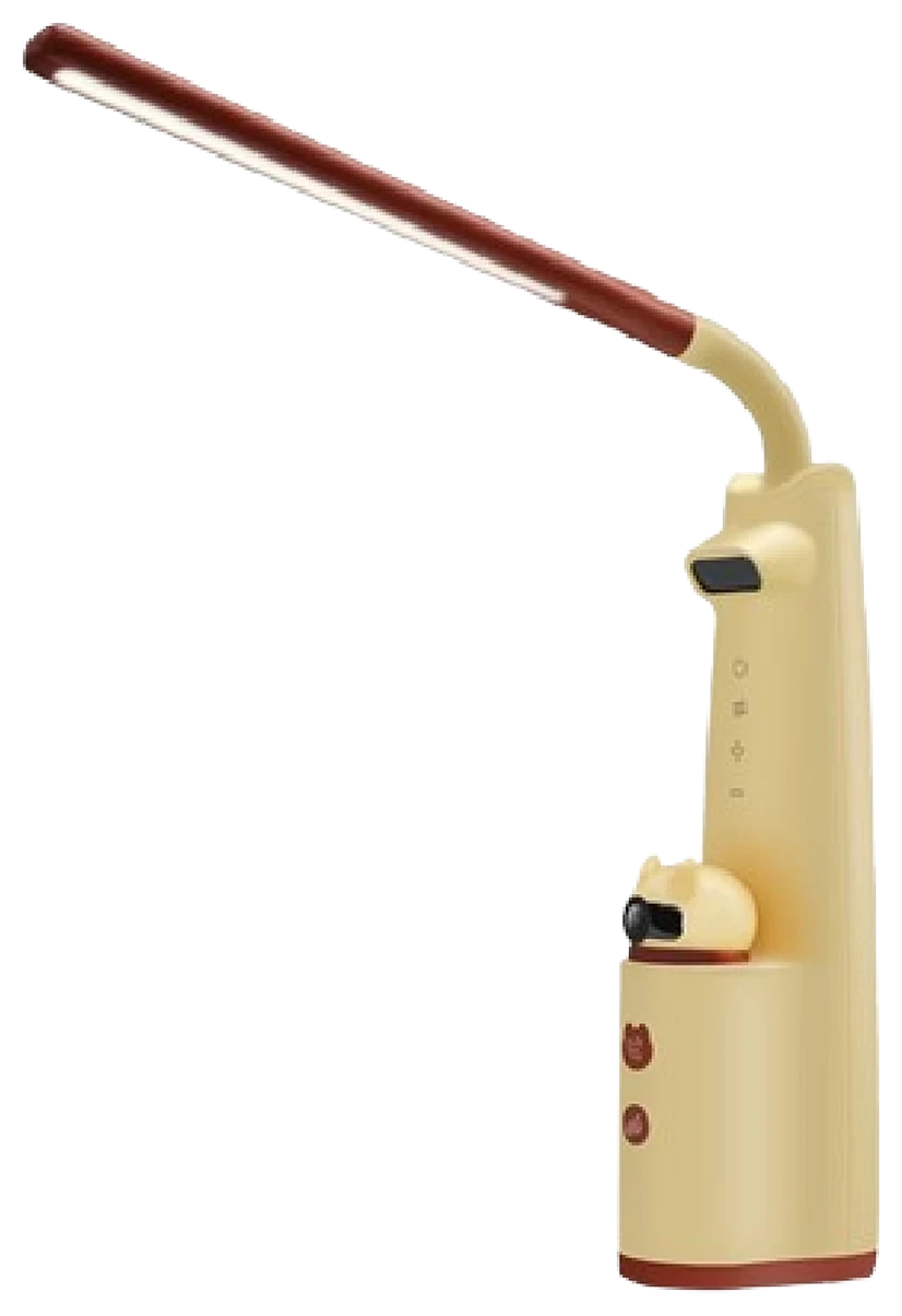 L1 AI smart learning desk lamp, cream and rust-red body with a long adjustable LED light bar, built-in camera, touch controls and red call buttons on the base