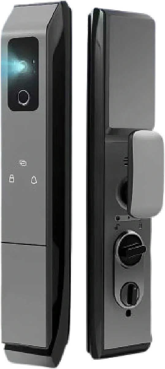 fully automatic video lock, studio white background, front view