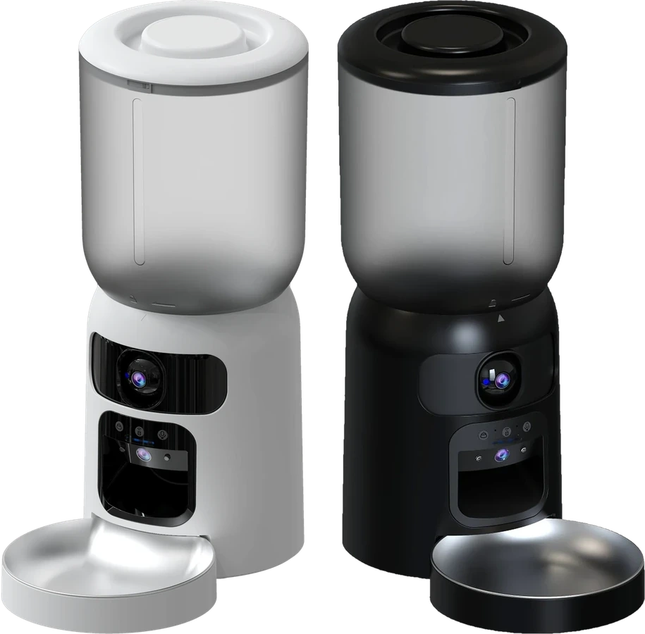 NewSmartTech PF4 dual-camera smart pet feeder in white and black