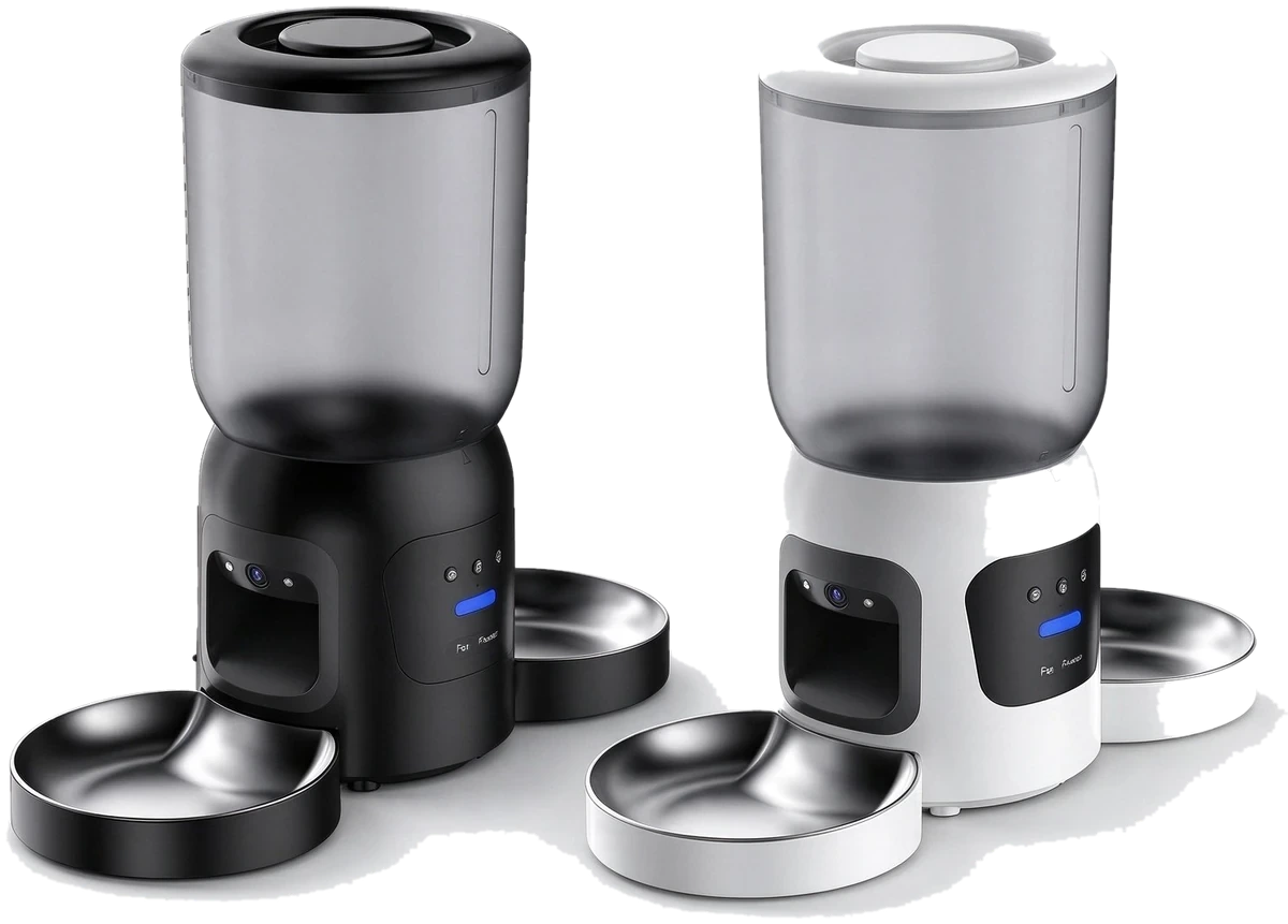 NewSmartTech PF5 dual-bowl WiFi pet feeder in black and white with two stainless steel bowls
