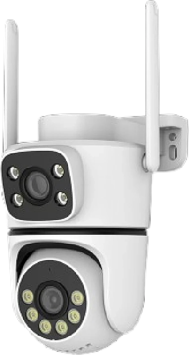 dual-lens dual-PTZ camera, studio white background, front view