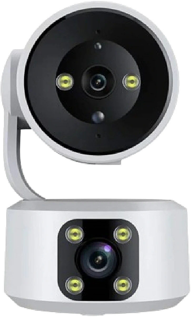 dual-lens pan/tilt camera, studio white background, front view