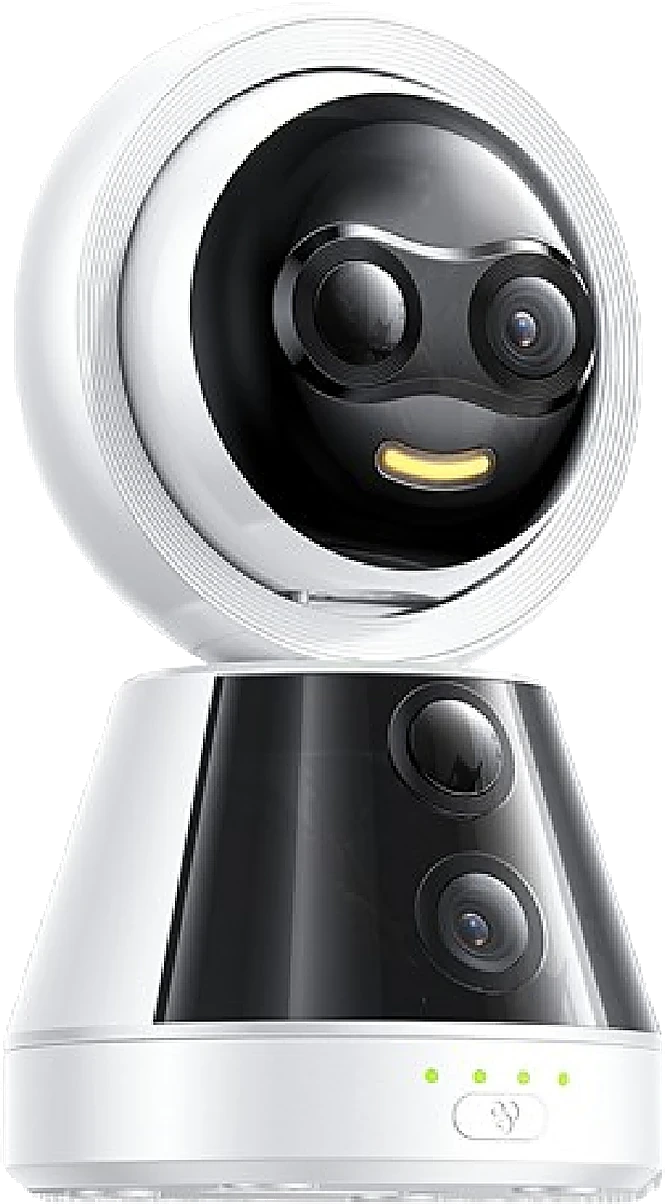 quad-lens pan/tilt camera, studio white background, front view