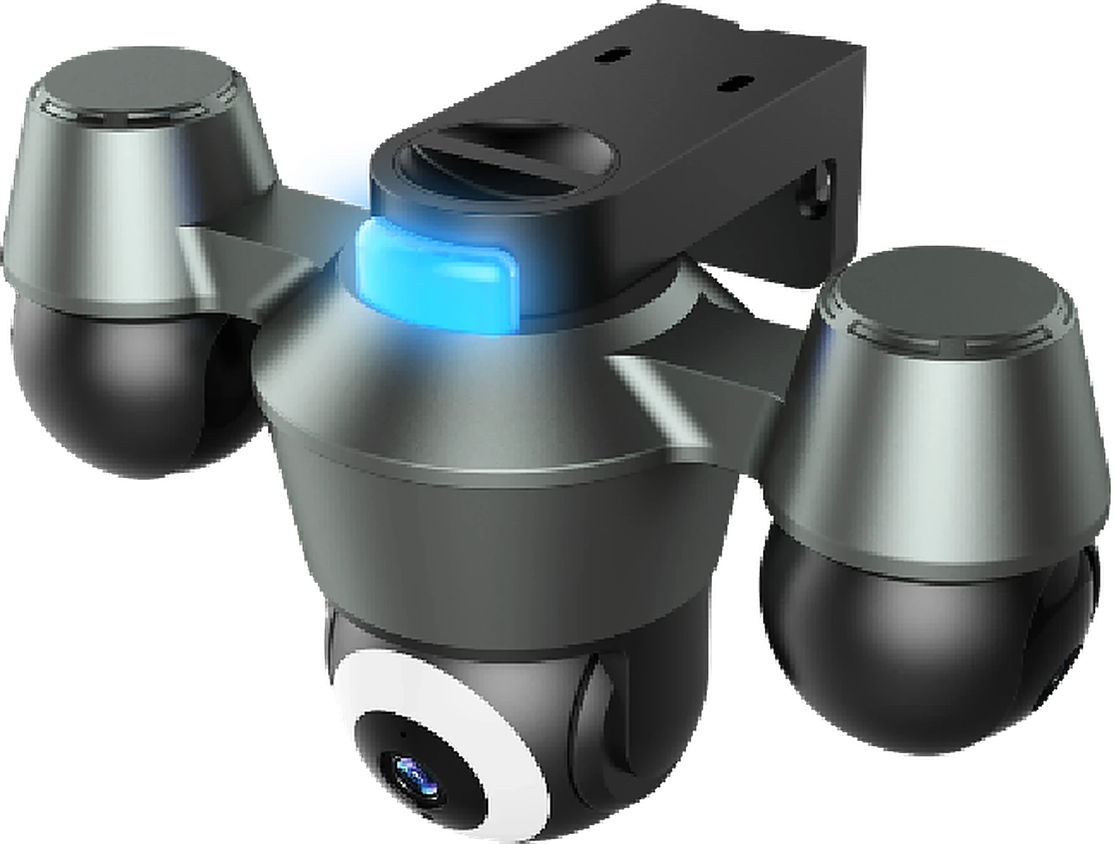 quad-lens varifocal PTZ camera, studio white background, front view