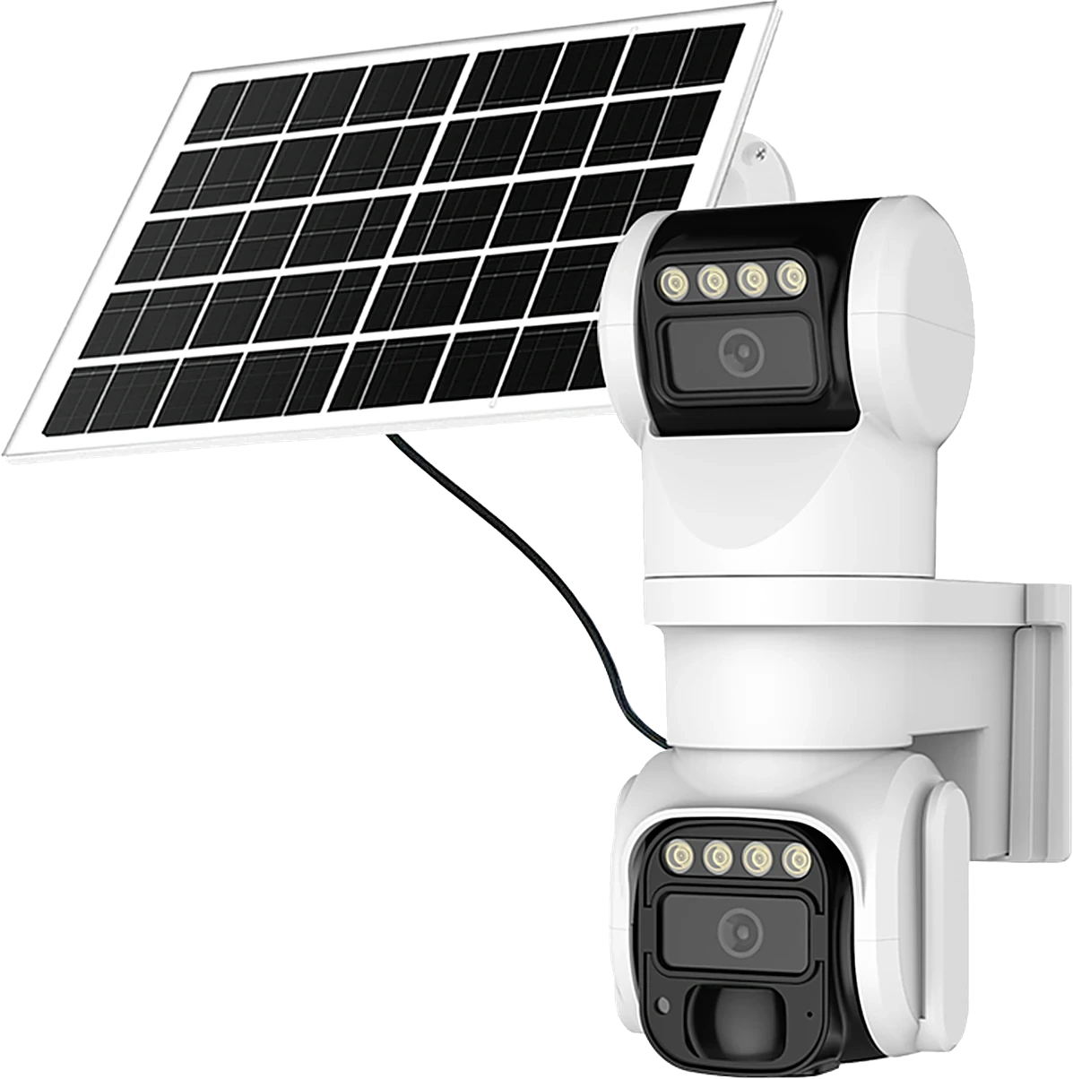 solar dual-lens bullet and PTZ camera, studio white background, front view