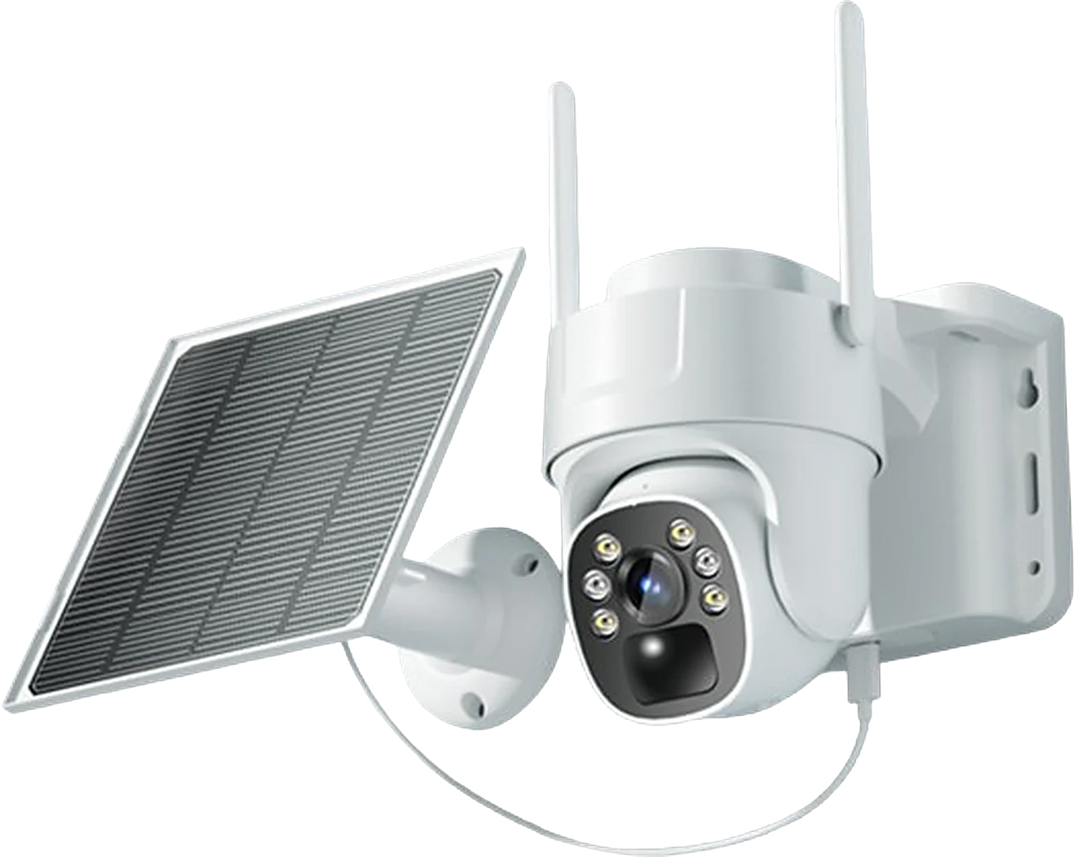 solar single-lens PTZ camera, studio white background, front view