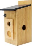 bamboo birdhouse camera, studio white background, front view