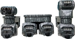 camouflage low-power outdoor camera, studio white background, front view