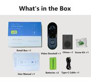 J1 retail box: doorbell, chime, batteries, cable, screw kit, manual