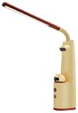 L1 AI smart learning desk lamp, cream and rust-red body with a long adjustable LED light bar, built-in camera, touch controls and red call buttons on the base