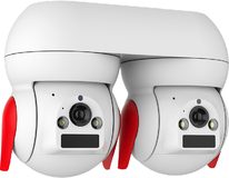 triple-lens triple-PTZ camera, studio white background, front view
