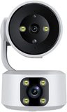 dual-lens pan/tilt camera, studio white background, front view