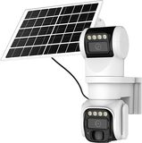 solar dual-lens bullet and PTZ camera, studio white background, front view