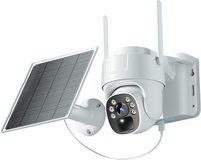 solar single-lens PTZ camera, studio white background, front view